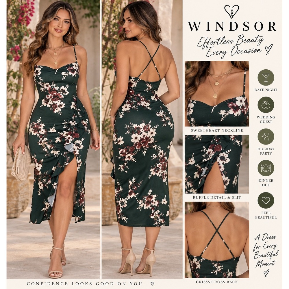 Windsor Green Floral Cowl Neck Ruffle Slit Midi Dress NWT Medium